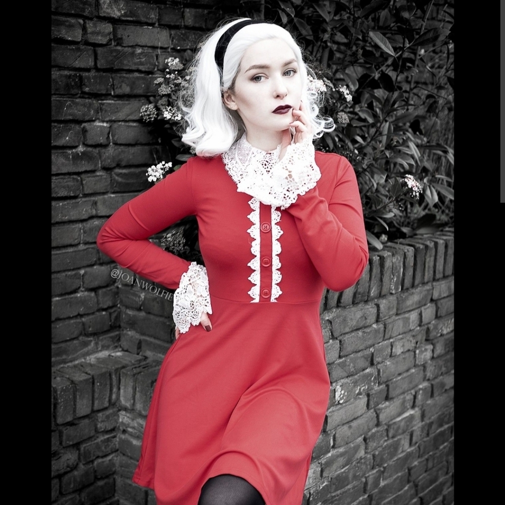 Killstar Blessed Be Blood Red Sabrina Dress w/ Lace like Collar & Cuffs, Sz M